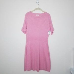 Calvin Klein Ribbed Ruffle Sleeve Sweater Dress Pink XL NWT
